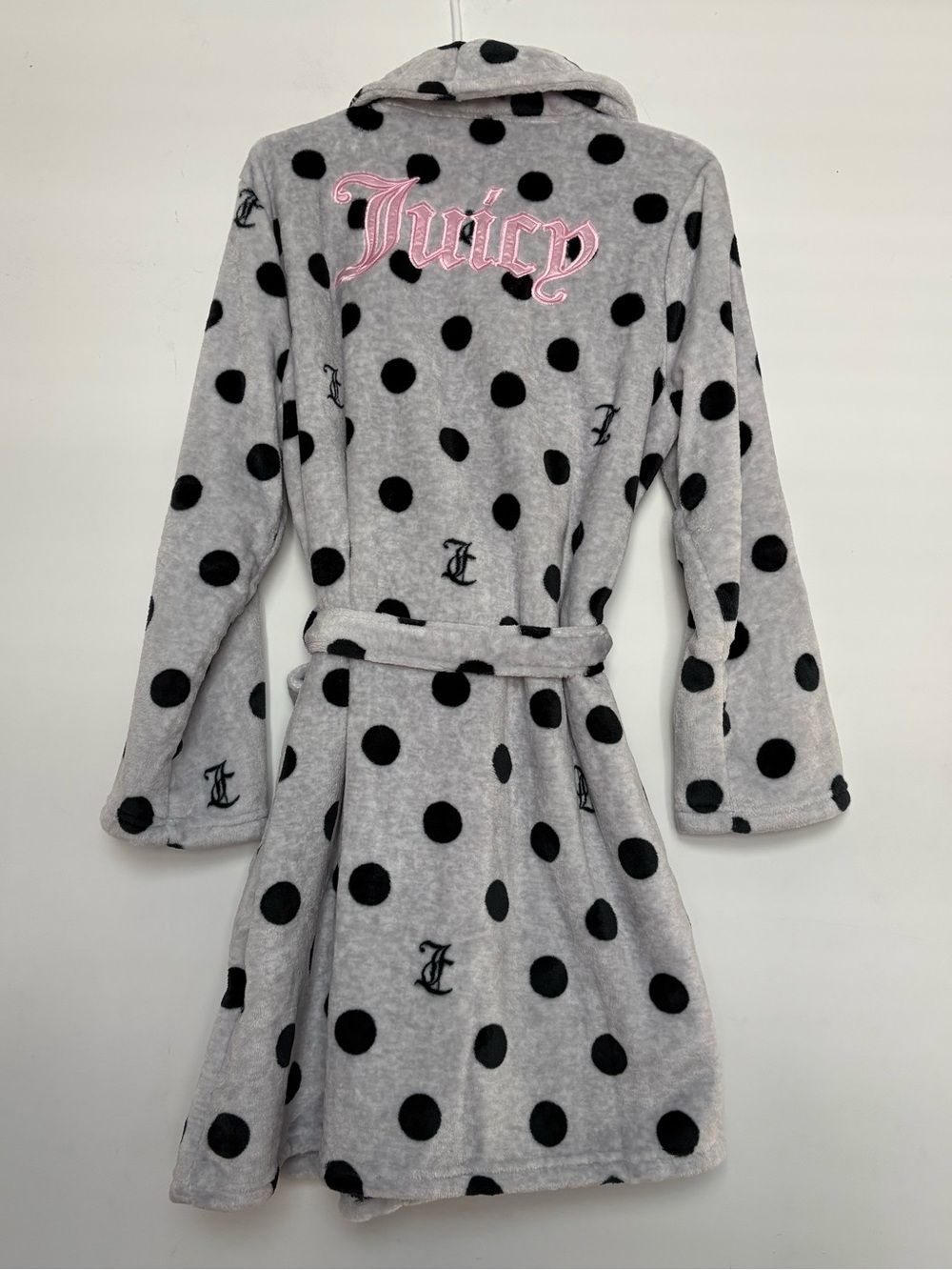 Juicy Couture Plush Polka Dots Embroidered “Juicy” Gray Belted Robe S/M, L/XL